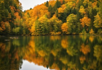 Fototapeta premium AI generated illustration of autumn trees reflected in a tranquil lake