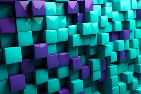 Wall made of 3D blocks with futuristic turquoise and purple wallpaper. Generative AI