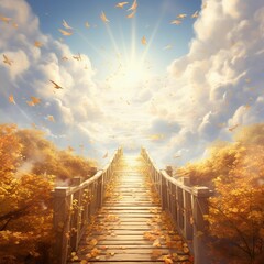 AI generated illustration of a wooden bridge on an autumn sunny day