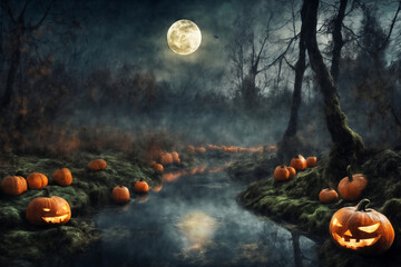 mystical forest on Halloween night, bats on the background of a big full moon in the dark sky, river, roots, atmospheric and fairytale