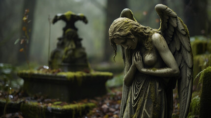 stone statue of an angel weeping, set in an old cemetery covered in moss, soft overcast lighting - obrazy, fototapety, plakaty