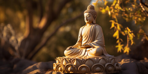 sandstone sculpture of a seated Buddha, intricate detailing, set in a Zen garden, late afternoon sun casting golden highlights