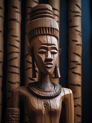 wooden tribal African statue, earth - toned, against a textured wall, natural window lighting from the right