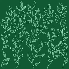 Hand-drawn vector illustration of leaves and twigs on a green background