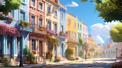 A row of colorful townhouses basking in the afternoon sun, their facades adorned with blooming flowers and vibrant window shutters.