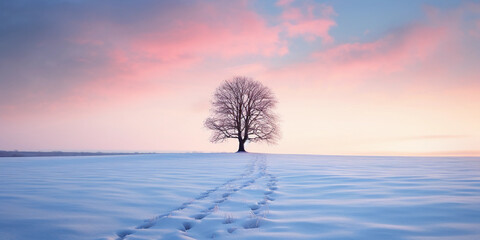 Sundown in winter landscape, snow - covered fields, sky with gradient of pastel pink and blue, lone tree silhouette