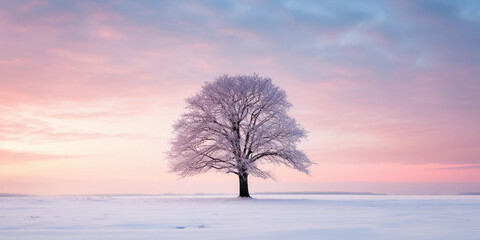 Sundown in winter landscape, snow - covered fields, sky with gradient of pastel pink and blue, lone tree silhouette - obrazy, fototapety, plakaty