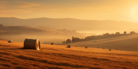 Sundown over rolling hills, warm earth tones, few scattered bales of hay, mist in the valleys - Powered by Adobe