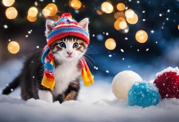 AI generated illustration of An adorable cat wearing scarf in winter with a blurry background