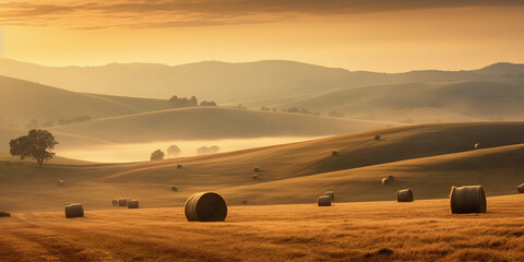 Sundown over rolling hills, warm earth tones, few scattered bales of hay, mist in the valleys