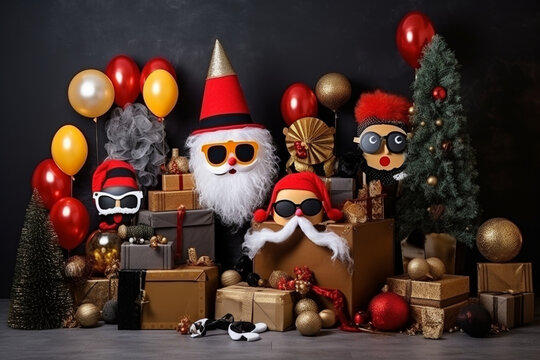 A festive holiday photo booth with props and costumes, love and creativity with copy space