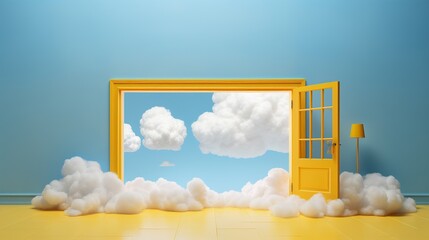 Blue room with open yellow door revealing clouds