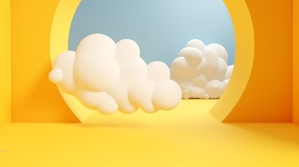 Yellow room with circular portal revealing clouds