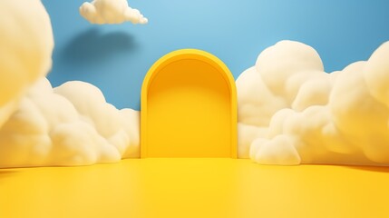 Surreal landscape with bright yellow ground and fluffy white clouds arching over an entrance