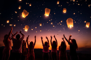 Fototapeta na wymiar A group of friends releasing lanterns into the night sky, love and creativity with copy space