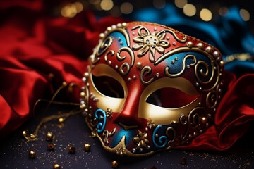 A festive New Year's mask with intricate details, love and creativity with copy space