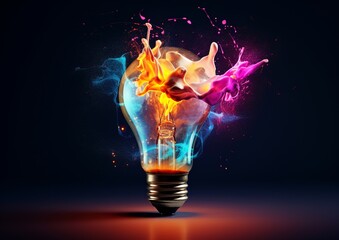 Energetic burst of colorful hues from illuminated light bulb on dark backdrop