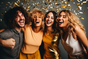 Fototapeta premium A group of friends dancing in a lively New Year's celebration, love and creativity with copy space