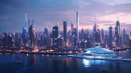 Fototapeta na wymiar AI generated illustration of a scenic view of a metropolitan city skyline with illuminated buildings
