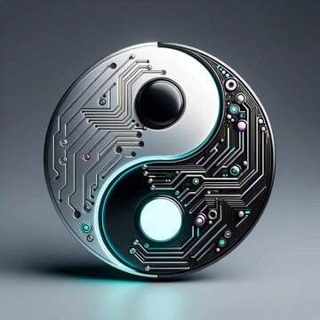 AI generated illustration of a close up of a digital circuit board in the shape of a Yin Yang symbol