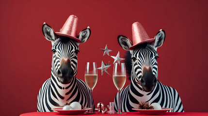 Naklejka premium Portrait of wild animals with hats and champagne glasses on red background. Elegant and beautiful, black and white zebra. New Year party.