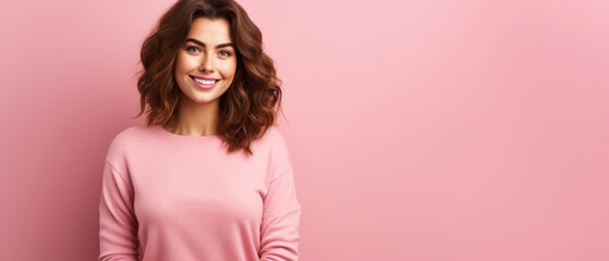 Happy smiling brunette girl, young woman, female isolated on pink background. Youth Female portrait shoot. Close up. Mockup, template with copy space. Generative ai.