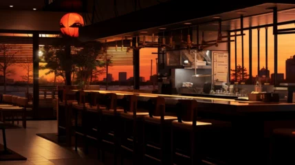 Fotobehang Restaurant typique japonais. Ambiance asiatique, lumières. Lieu de restauration. Pour conception et création graphique. © FlyStun