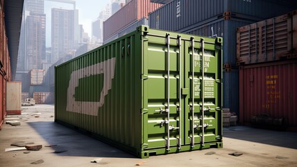 a cargo container, painted in a distinctive olive green shade, against an urban backdrop.