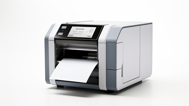a label printer isolated on a pristine white background in ultra-high definition (UHD) resolution.