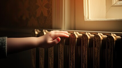 a child's hand placed on a warm radiator against a soft, light wall, symbolizing comfort and warmth in a home.