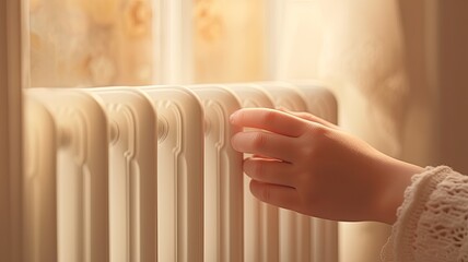 a child's hand placed on a warm radiator against a soft, light wall, symbolizing comfort and warmth in a home.