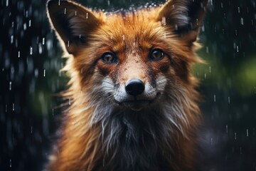 Obraz premium A red fox sitting in the rain. Portrait.