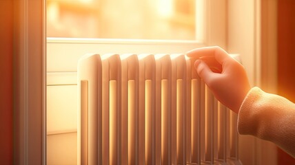 a child's hand placed on a warm radiator against a soft, light wall, symbolizing comfort and warmth in a home. - obrazy, fototapety, plakaty