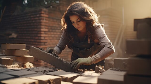 a skilled Caucasian woman meticulously laying bricks, showcasing the art of brickwork and construction.