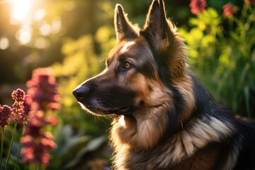 A beautiful portrait of a German Shepherd dog sitting in a summer garden.