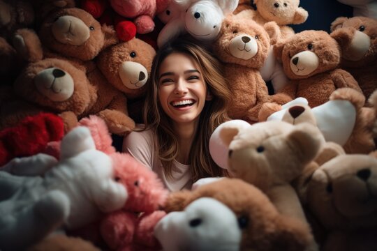 Pretty woman hug a giant teddy bear doll. Fashion girl