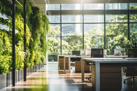 Fototapeta Green living wall with perennial plants in modern office. Urban gardening landscaping interior design. Fresh green vertical plant wall inside office