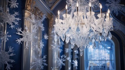 A sparkling chandelier adorned with crystal snowflakes, casting enchanting patterns on the walls