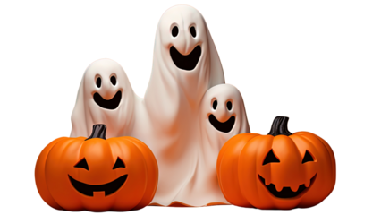 Triple ghost with two carved Halloween jack-o'-lanterns. For kids. Transparent Background.