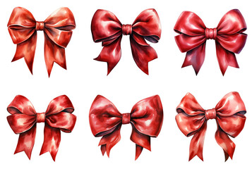 A set of gorgeous different red bows on a white background, drawing with watercolors or paints.
