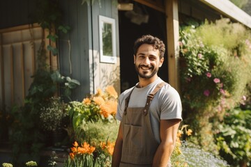 Portrait of a young male gardener in the backyard