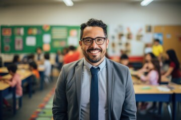 Fototapeta premium Portrait of a middle aged teacher in a classroom
