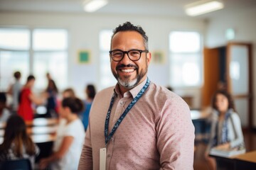Obraz premium Portrait of a middle aged teacher in a classroom
