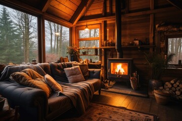 Warm Winter Retreat: Cozy Cabin Interior Ambiance - obrazy, fototapety, plakaty