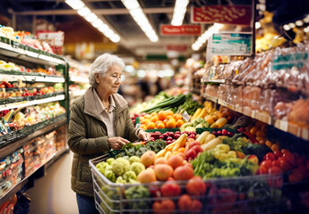 Elderly woman at the supermarket looking at seasonal vegetables and checking the prices. - obrazy, fototapety, plakaty