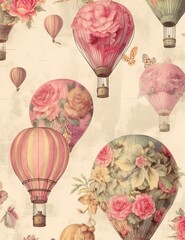 hot air balloons cute baby old paper, vintage junk journal digital paper