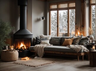 Cozy Modern Living Rustic Elegance, Gray Daybed Sofa by the Fireplace in Scandinavian Home Interior with Fireplace and Daybed