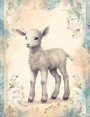 Lamb cute baby old paper, vintage junk journal digital paper