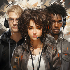 Cute girl in the middle with a blonde guy with glasses on the left and a black guy on the right; three modern teenagers of different races with headphones; Diversity; Equality; Anti-racism; 4K(1:1)