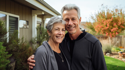 Fototapeta premium Portrait of a happy mature white couple in their home outdoors.